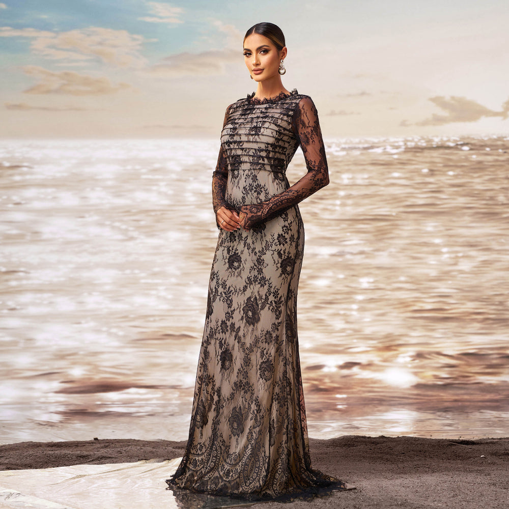 Long Sleeve Round Collar Gauze Sheath Fishtail Evening Dress - Onouthati