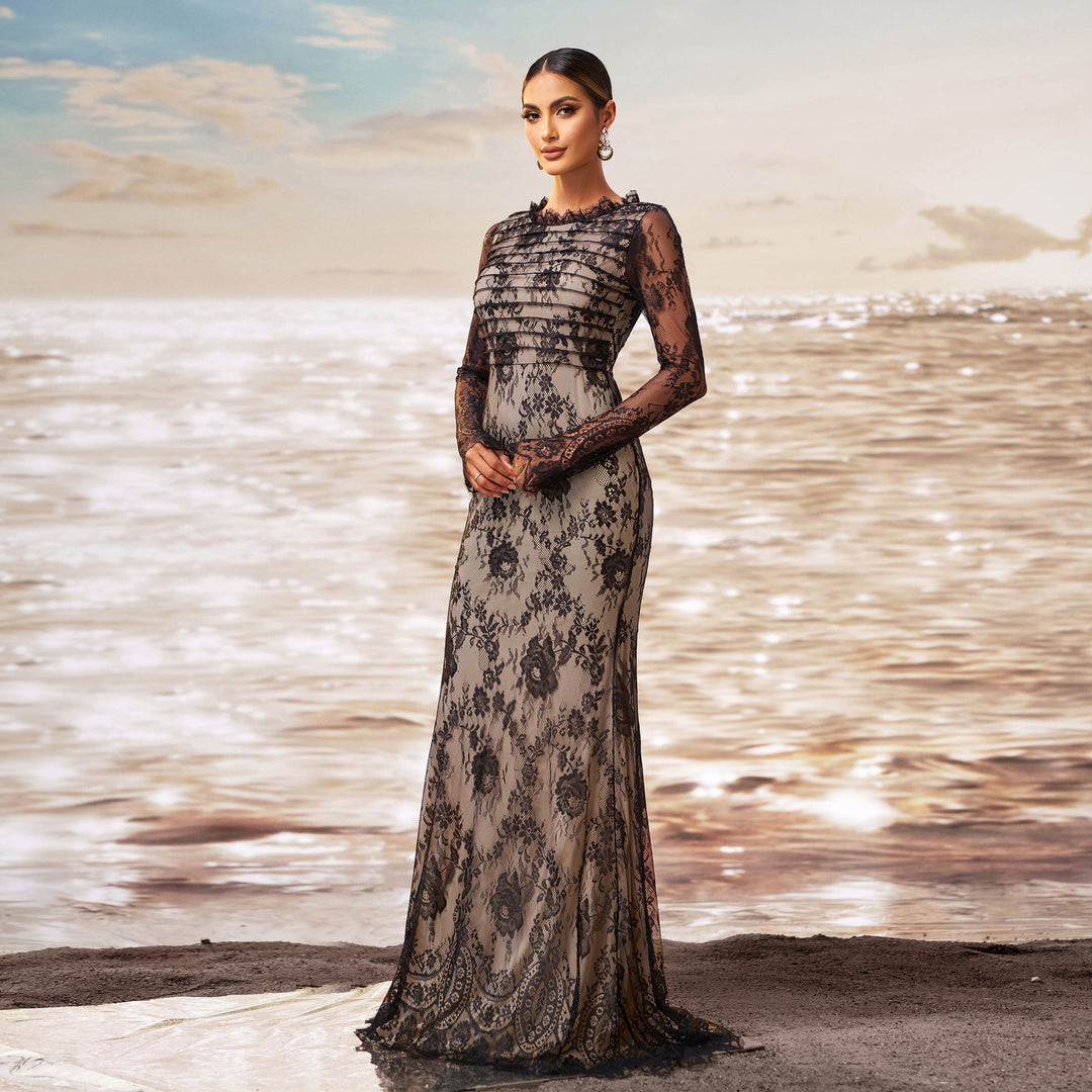 Long Sleeve Round Collar Gauze Sheath Fishtail Evening Dress - Onouthati