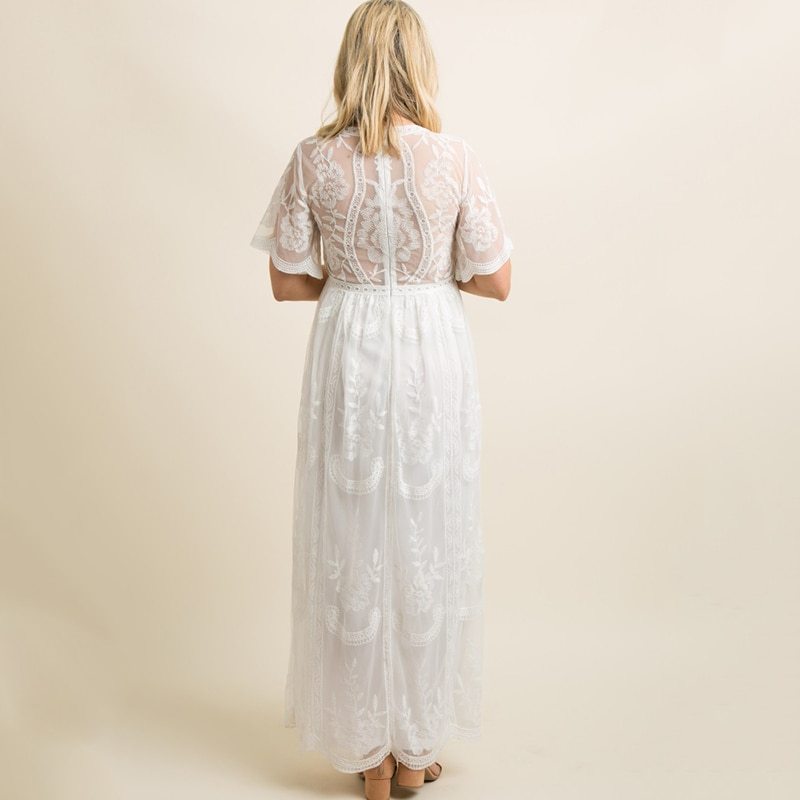 Maternity Dresses for Photo Shoot Summer V Neck White Lace Short Sleeve Pregnancy Dress Pregnant Women Photography Maxi Dress - Onouthati