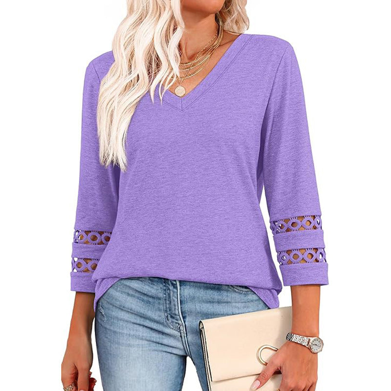 Solid Color Loose V-neck 34 Sleeves Women - Onouthati