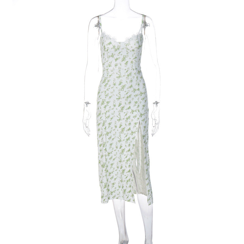 Lace Flowers Print Long Dress Sexy Fashion Slit Suspender Dress Summer Womens Clothing - Onouthati