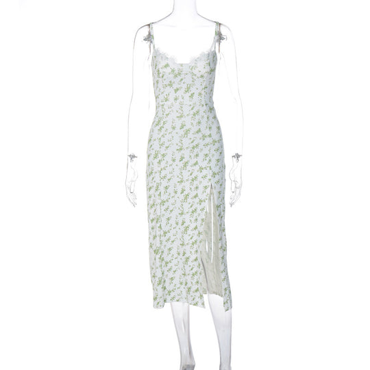 Lace Flowers Print Long Dress Sexy Fashion Slit Suspender Dress Summer Womens Clothing - Onouthati