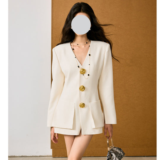 White Small Suit V-neck Embossed Metal Buckle Waist Trimming Coat Women - Onouthati
