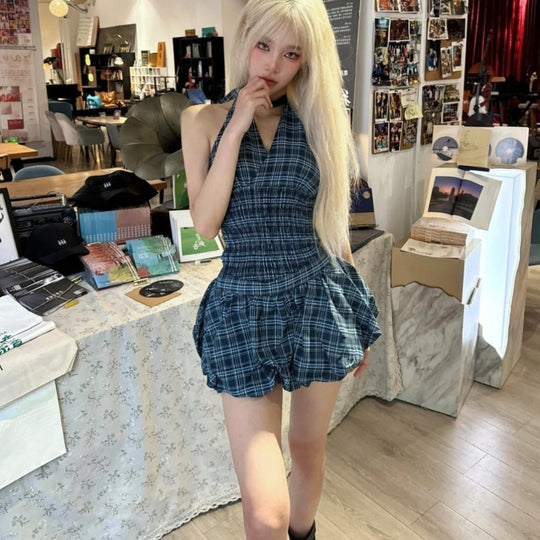 Navy Blue Plaid Top Suit Women - Onouthati