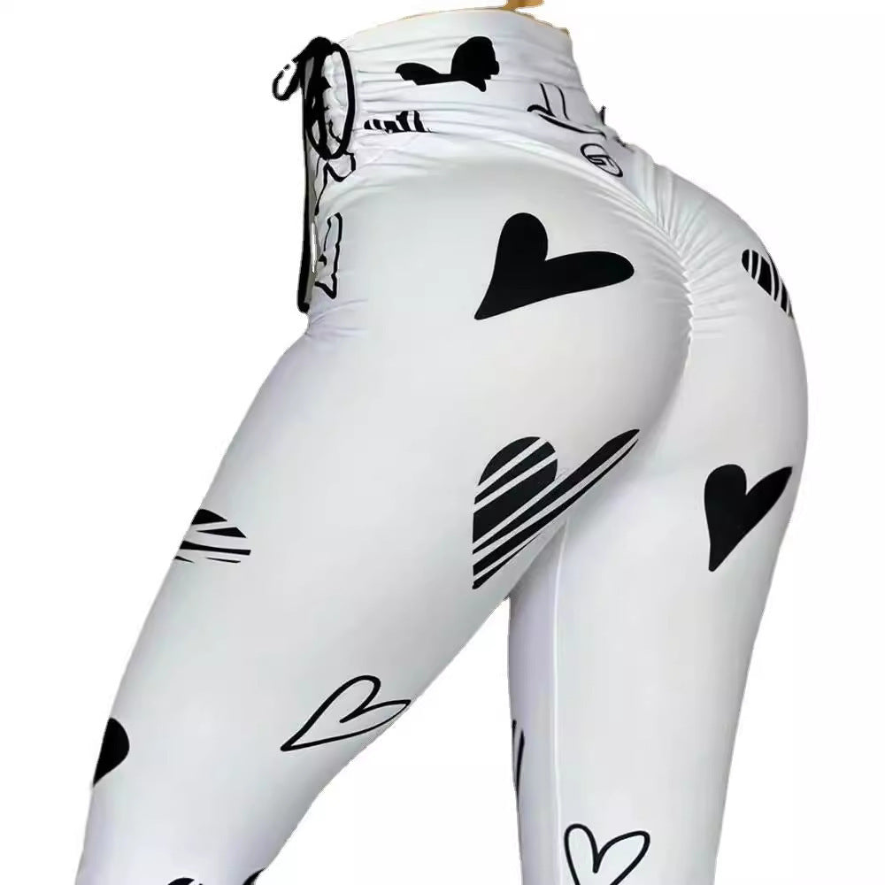Drawstring Heart Print Yoga Sports Hip-hop Fitness Leggings - Onouthati