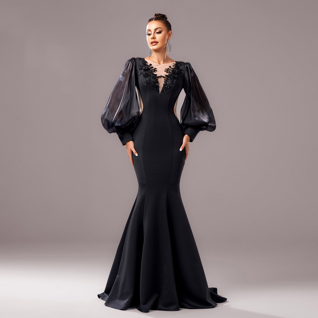 Long Sleeve Round Neck Banquet Applique Sheath Fishtail Dress - Onouthati