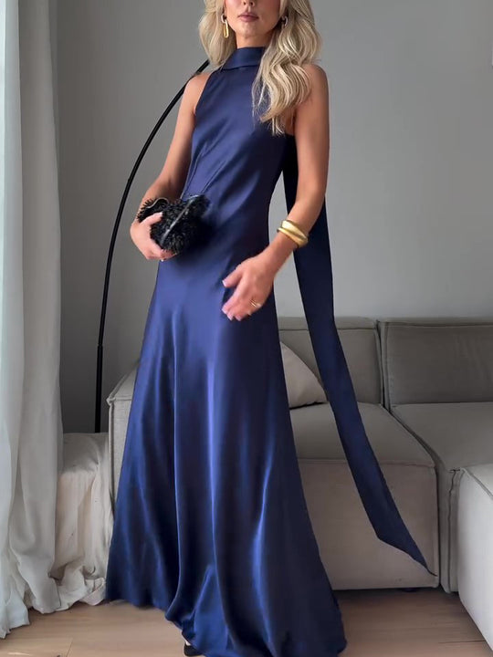 Royal Blue Satin Sleeveless Maxi Dress - Onouthati