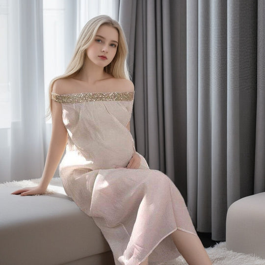 French Style Off-shoulder Sequined Tube Top Dress Lazy Vacation Style Seaside Pregnant Women Can Also Wear - Onouthati