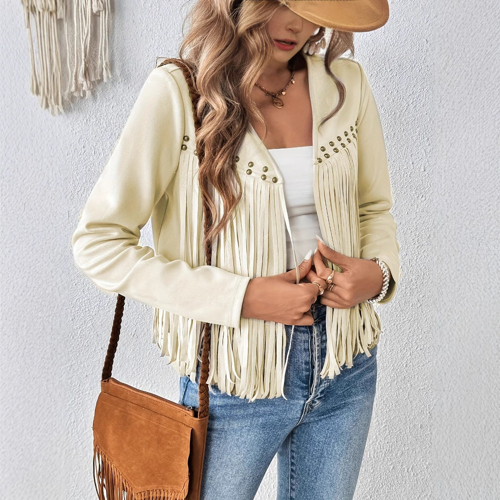 Women's Elegant Solid Color Tassel Trimmed Front Open Jacket Jacket - Onouthati