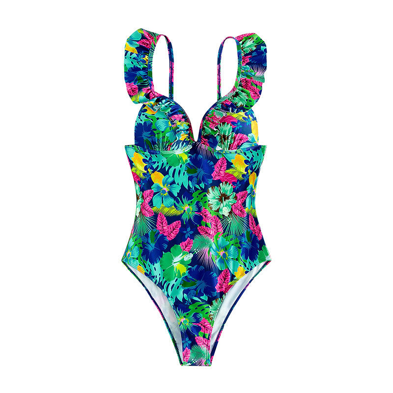 Bikini Ruffled Printed Backless One Piece Swimsuit Women - Onouthati