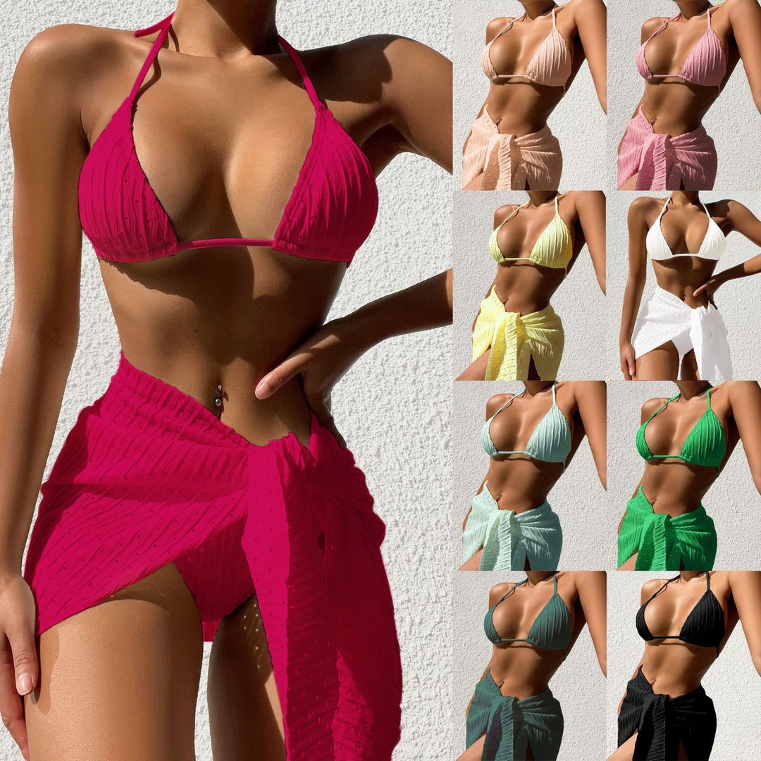 3pcs Halterneck Swimsuit Set Beach Solid Color Sexy Backless Bikini With Mesh Skirt Summer Womens Clothing - Onouthati