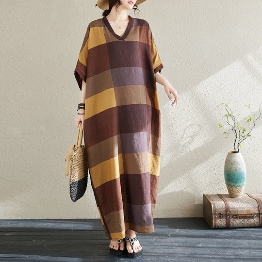 Ethnic Style V-neck Printed Striped Dress Women - Onouthati