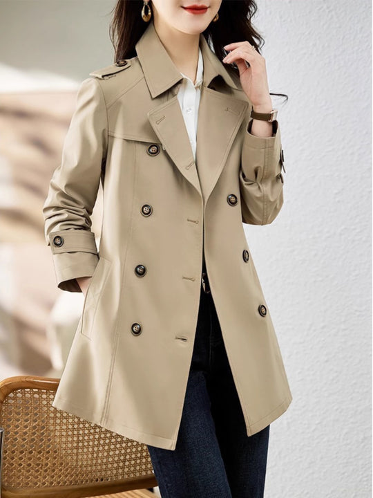 Women's Mid-length Trench Coat Double Breasted Fitted Waist Overcoat - Onouthati