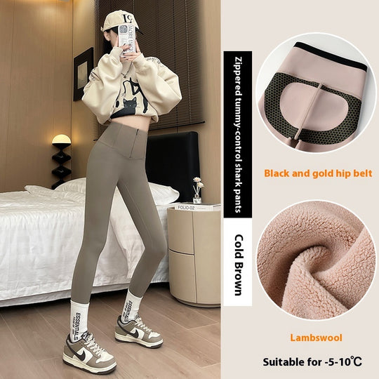 Belly-controlling Butt Lifting Leggings With Three-breasted Design Winter High Waist Slim Zippere Pants Warm Velvet And Thickened Trousers Women Clothing - Onouthati