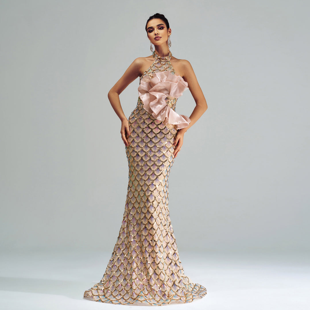 Halter Sequined Mermaid Evening Dress - Onouthati