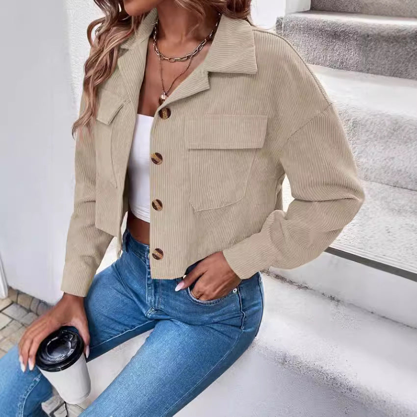Women's Fashion Short Corduroy Button Jacket Casual Short Coat - Onouthati