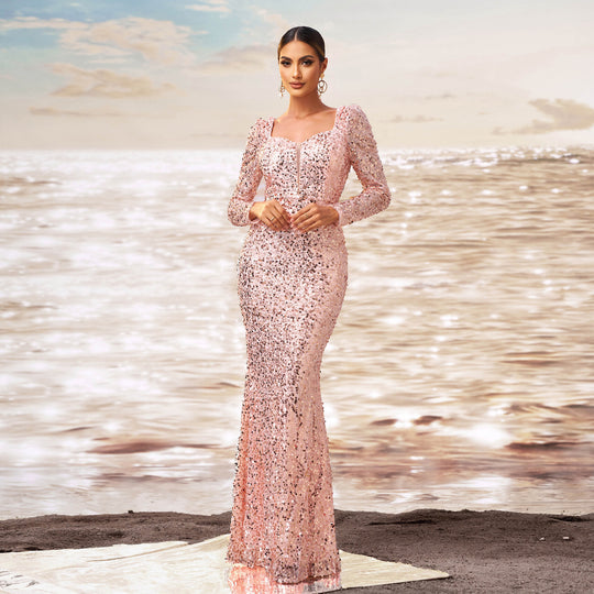 Long Sleeve Square-neck Sequined Sheath Fishtail Evening Dress - Onouthati