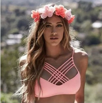 cut out Bikinis Sexy pink bandage cut out Halter bikini swimsuit women cross Women's swimwear swimming suit - Onouthati