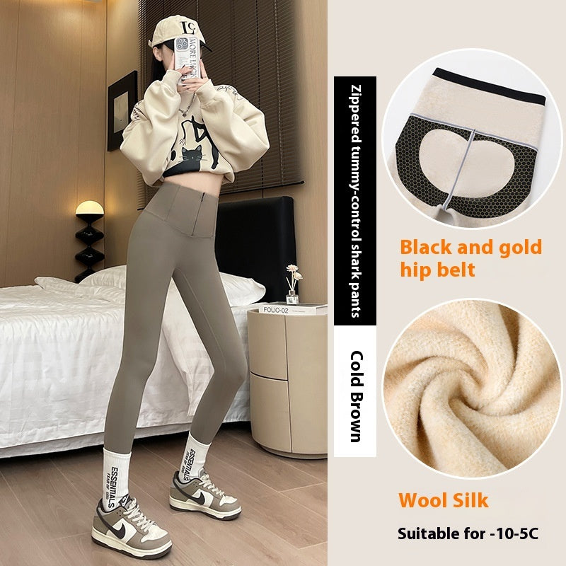 Belly-controlling Butt Lifting Leggings With Three-breasted Design Winter High Waist Slim Zippere Pants Warm Velvet And Thickened Trousers Women Clothing - Onouthati