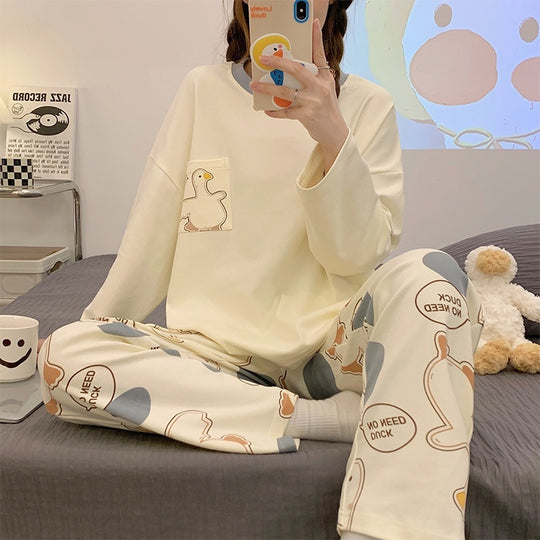 Cartoon Loose And Cute Long-sleeved Pajamas For Women Spring Autumn Set Casual Homewear Outerwear - Onouthati