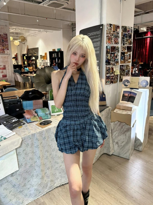 Navy Blue Plaid Top Suit Women - Onouthati