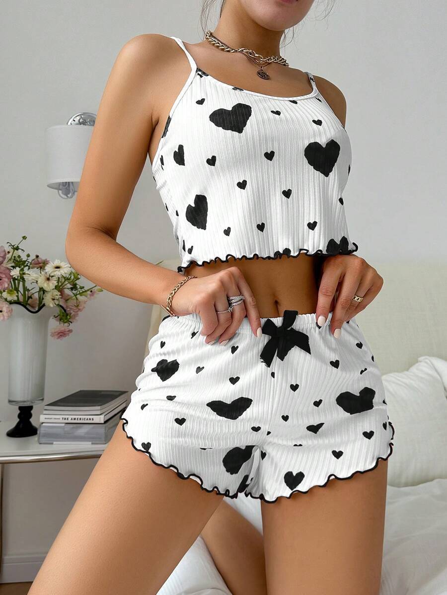 Heart Printing Suspender Shorts Casual Sunken Stripe Outerwear European And American Style Women Pajamas - Onouthati