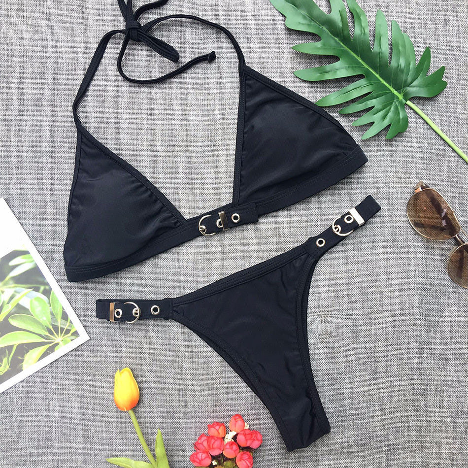 Swimwear Adjust Swimming Suit for Women Bikinis Sexy Solid Swimsuit Female Black Thong Bikini Set Brazilian Bathing Suits - Onouthati
