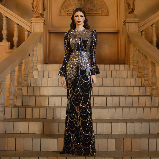 Long Sleeve Round Neck Slim-fit Sheath Sequined Banquet Fishtail Evening Dress - Onouthati