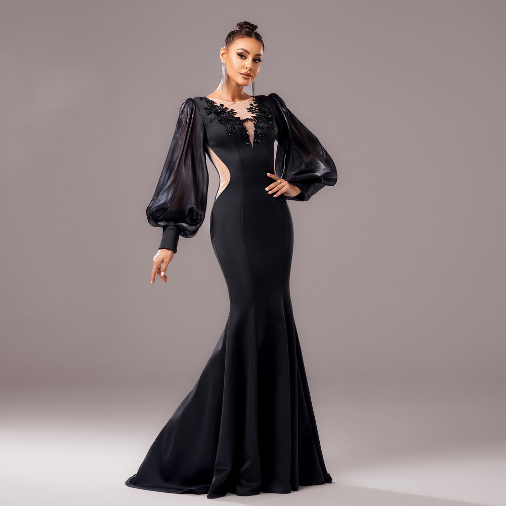 Long Sleeve Round Neck Banquet Applique Sheath Fishtail Dress - Onouthati
