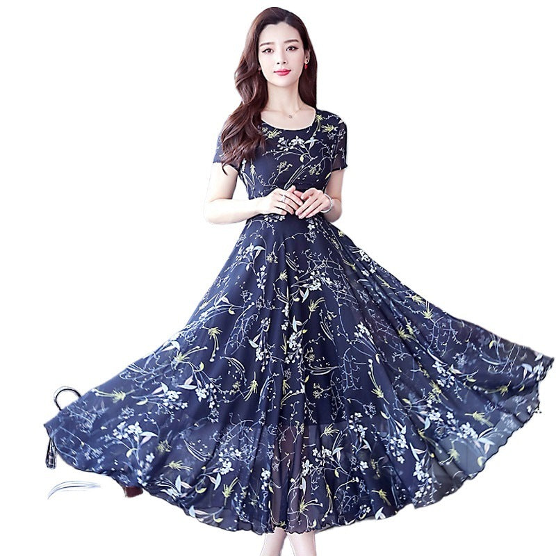 Middle-aged Ice Silk Large Swing Dress Elegant Floral Slimming Long Dress Women - Onouthati