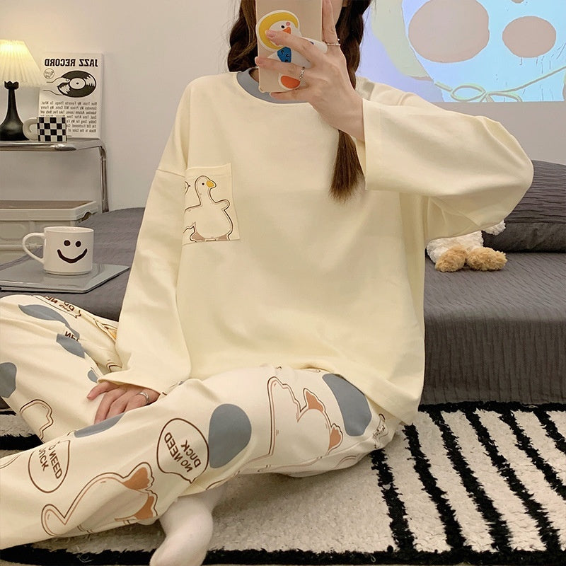 Cartoon Loose And Cute Long-sleeved Pajamas For Women Spring Autumn Set Casual Homewear Outerwear - Onouthati