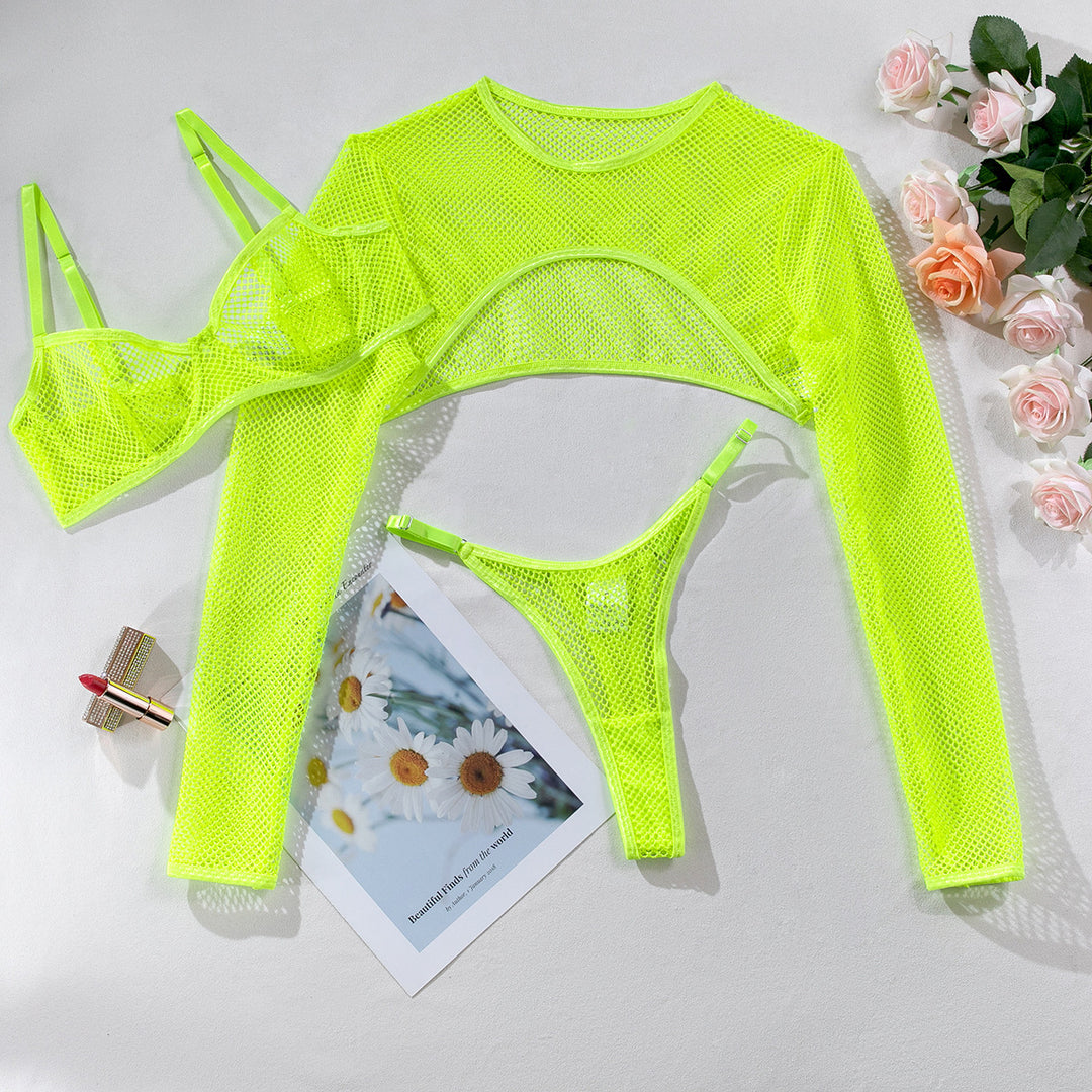 Long Sleeve Blouse Mesh Hollow Sexy Lingerie Three-piece Bra Short Waistcoat Top Suit - Onouthati
