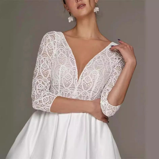 Bridal Deep V-neck Slim Lace Mid-length Long Sleeve Wedding Dress - Onouthati