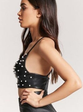 Simplee Pu leather pearl crop top women Strap backless camisoles tanks Summer style streetwear cropped sexy top female - Onouthati