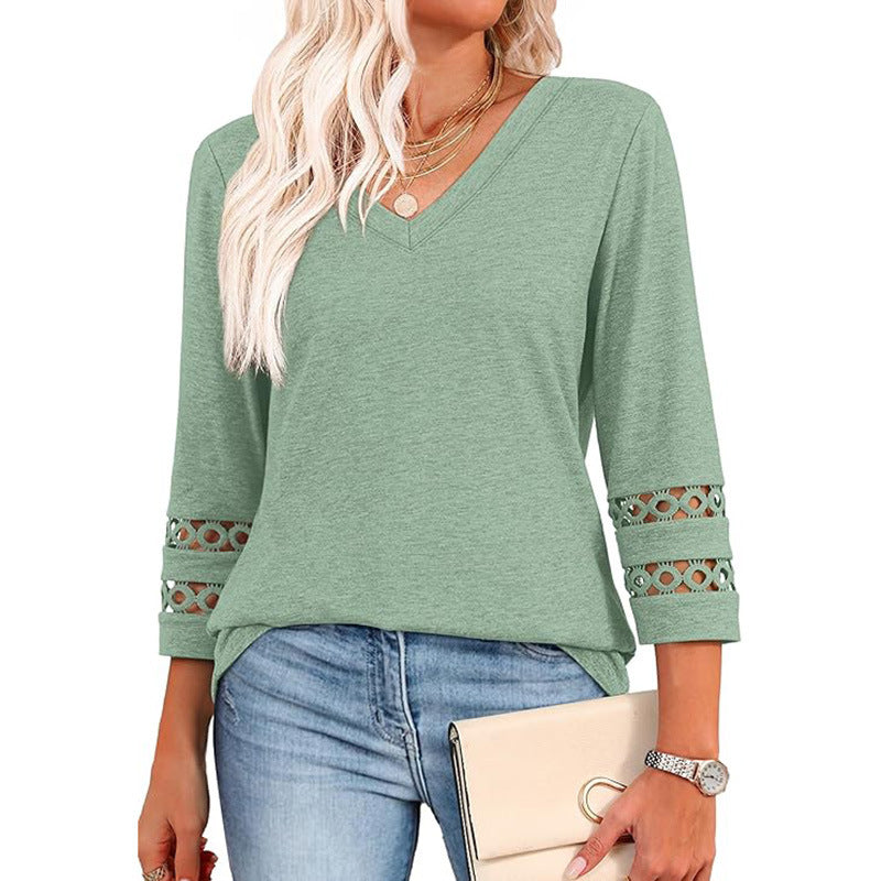 Solid Color Loose V-neck 34 Sleeves Women - Onouthati