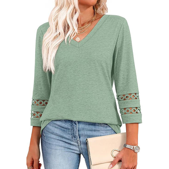 Solid Color Loose V-neck 34 Sleeves Women - Onouthati