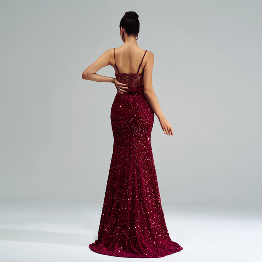 Spaghetti Straps Sleeveless Sequined High Slit Evening Dress - Onouthati