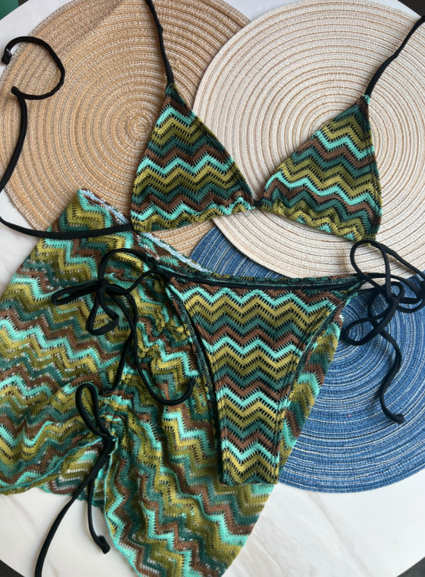 Knitting Bikini Skirt Three-piece Set Bikini Striped Swimsuit Bikini Women Swimw - Onouthati
