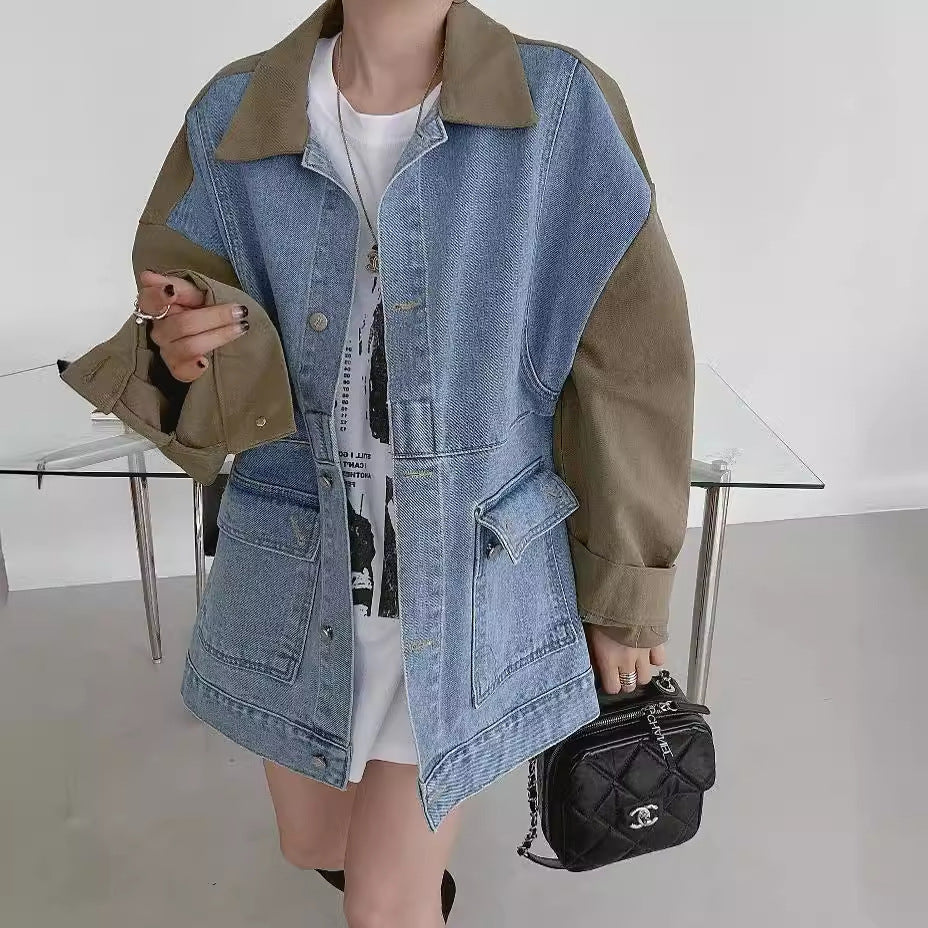 All-matching Fashion Color Contrast Stitching Denim Baggy Coat Women - Onouthati