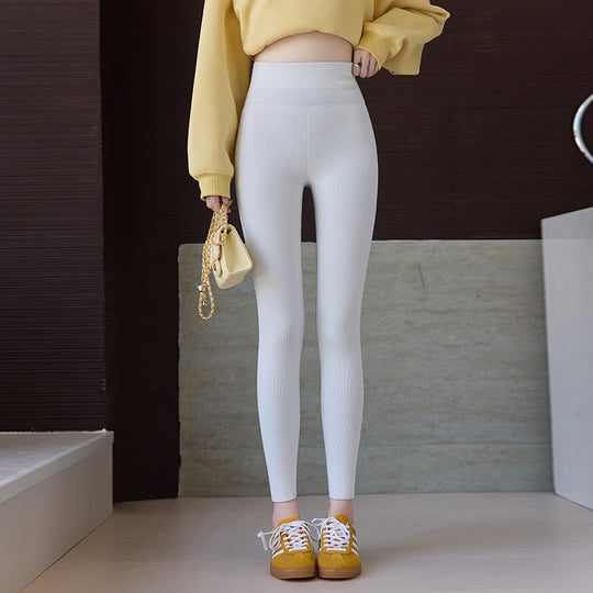 Pure Cotton Fleece-lined Thick Autumn And Winter Threaded Underwear Leggings Women's High Waist High Elastic Warm - Onouthati