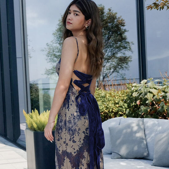 Fashion Dyed Printing Stitching Hollow Back Strap Elegant Style Long Dress Women - Onouthati