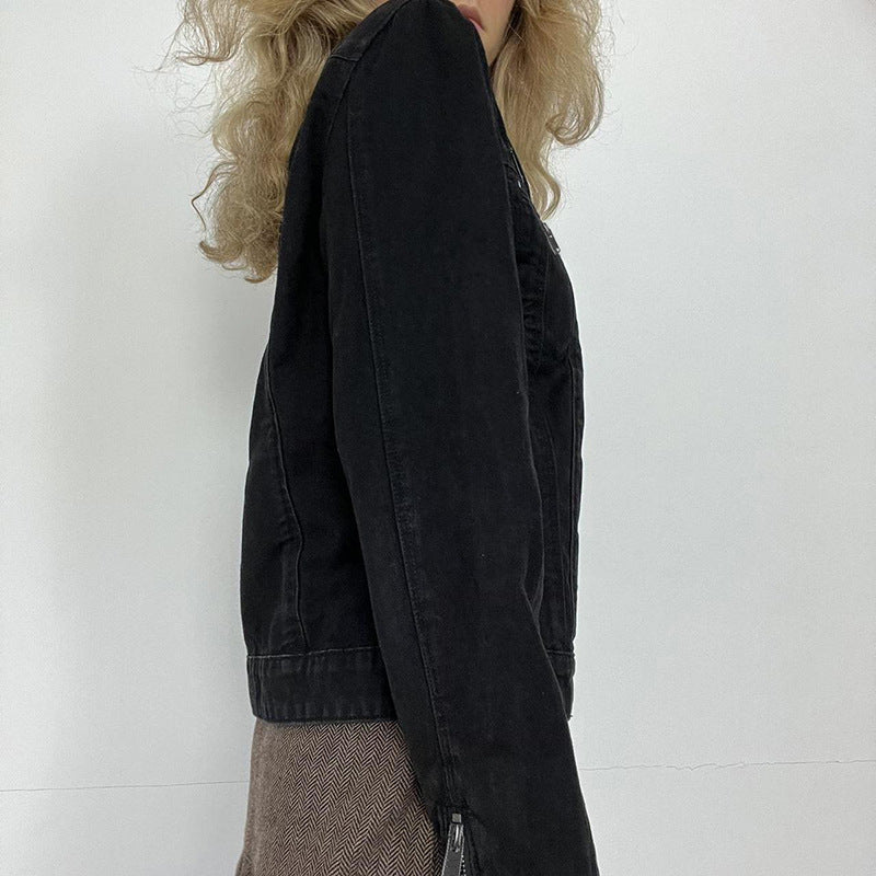 Washed-out Vintage Denim Jacket Simple Casual Zipper Pocket All-matching Long Sleeve Coat - Onouthati