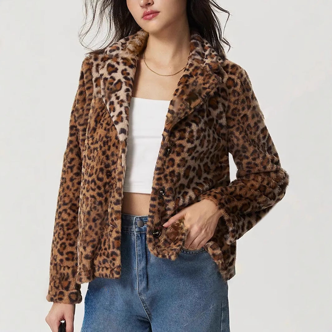 Women's Buckle Lapel Thickening Leopard Print Coat - Onouthati