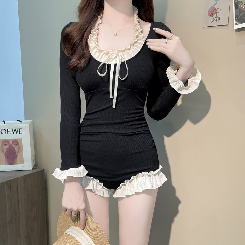 Swimsuit Women's One-piece Long Sleeves French Retro Conservatively Thin - Onouthati