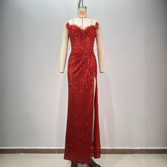 Drop-shaped Diamond Sexy Low-cut High Sitt Red Paillette Tube Coat And Dress - Onouthati