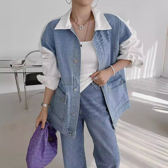 All-matching Fashion Color Contrast Stitching Denim Baggy Coat Women - Onouthati