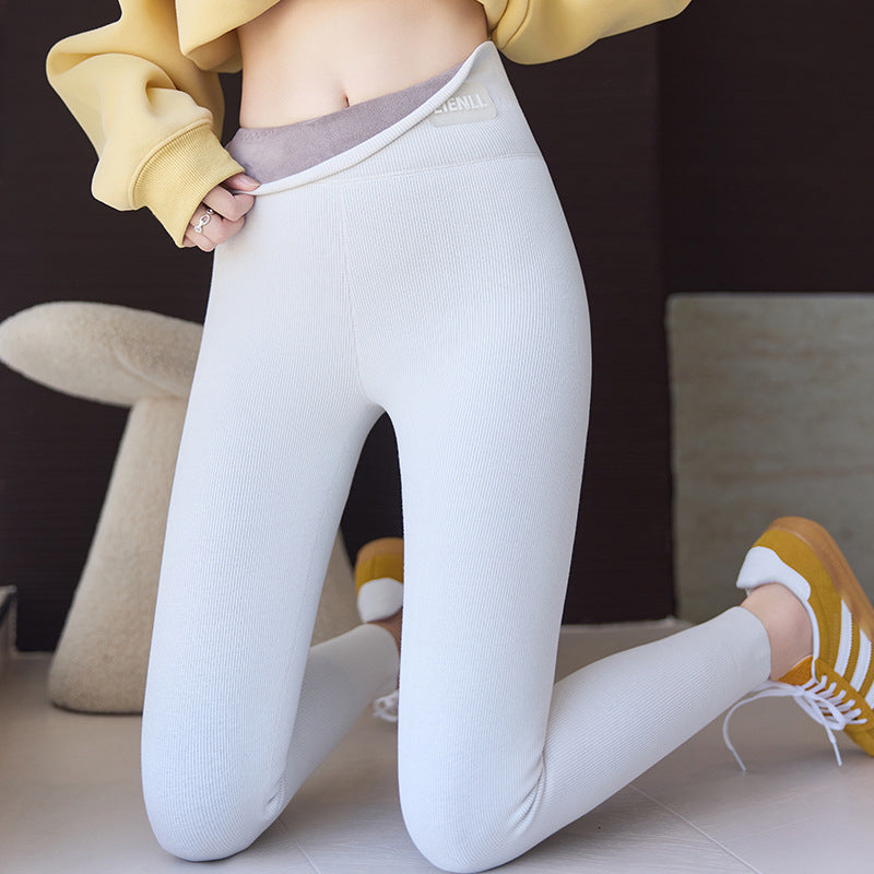 Pure Cotton Fleece-lined Thick Autumn And Winter Threaded Underwear Leggings Women's High Waist High Elastic Warm - Onouthati