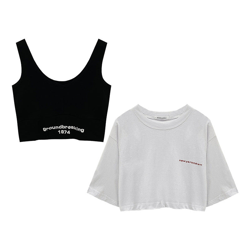 Two-Piece Set Crop-top Short Top Loose High Waist T-shirt Women - Onouthati