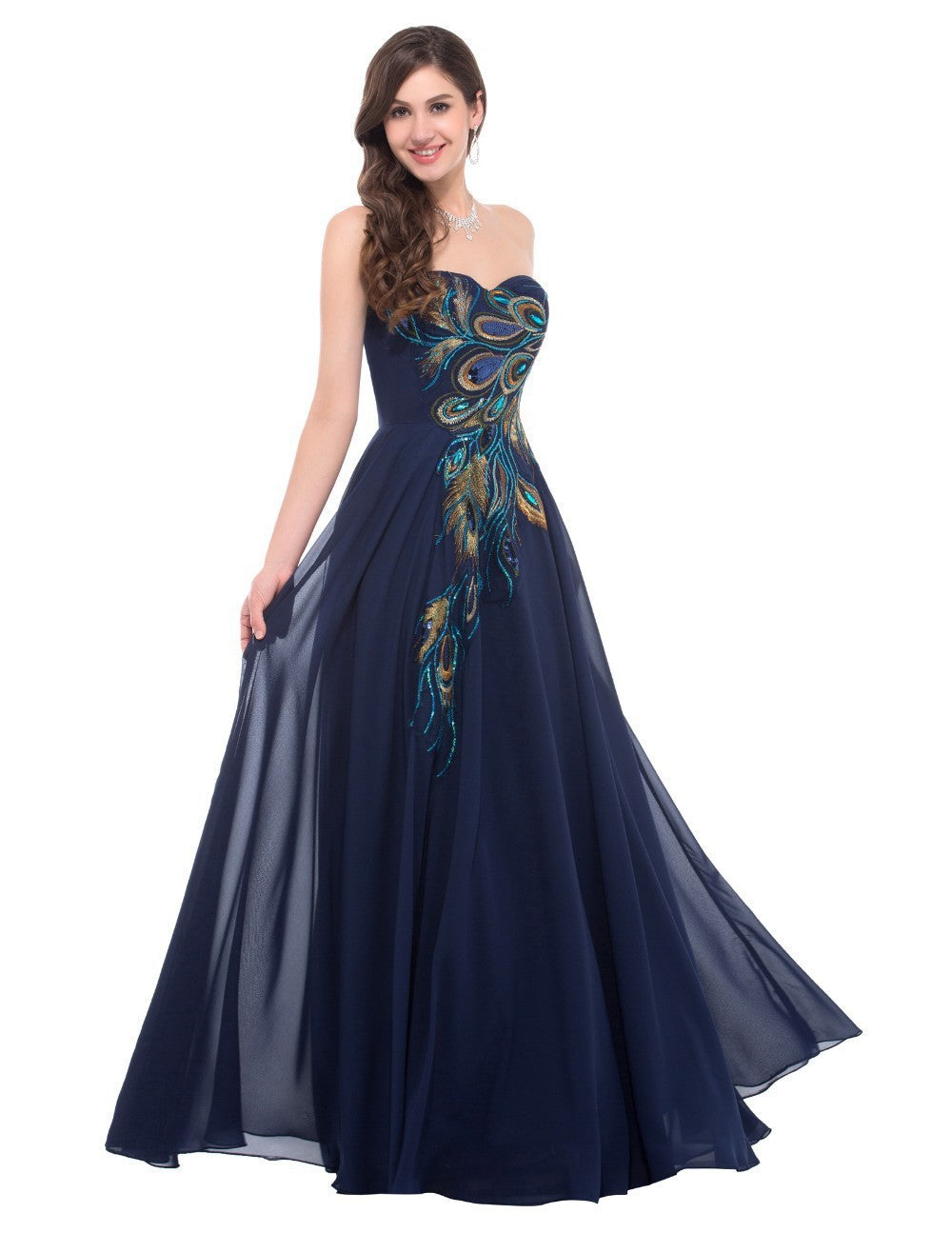 Embroidered Peacock Heart Collar Dress Chiffon - Onouthati