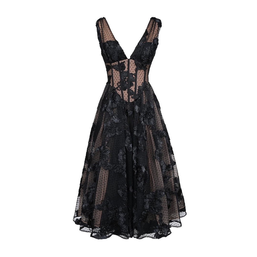 Black Deep V-neck Mesh A- Line High-end Evening Dress - Onouthati